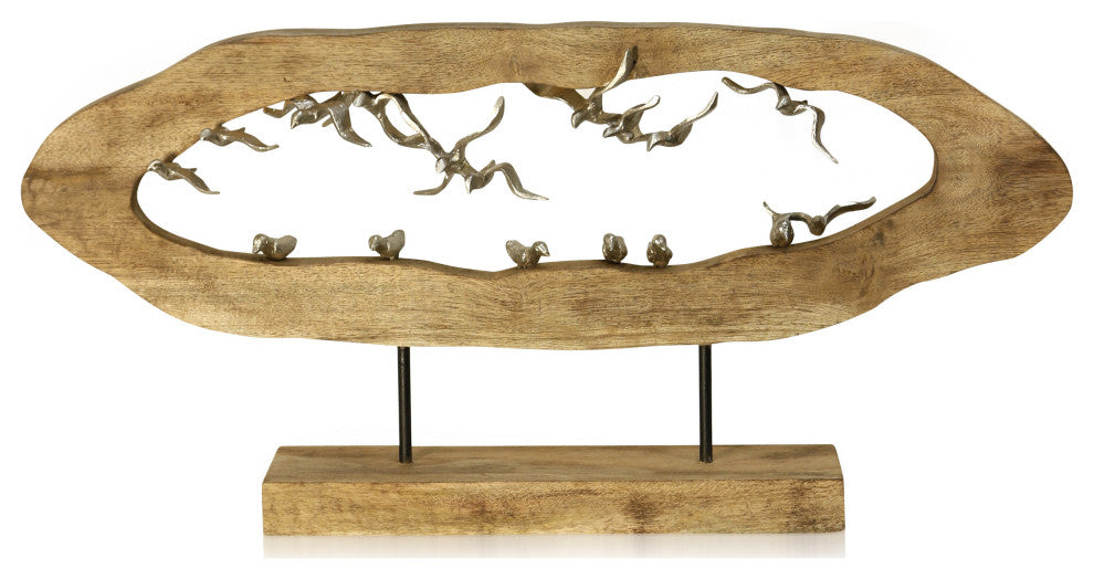 Gull Crevasse, Carved Wood Table Top Decor With Pewter Painted Flock of Birds