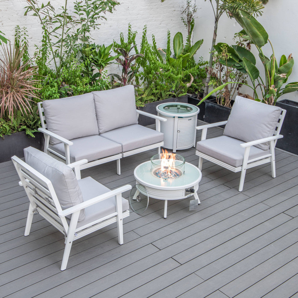 LeisureMod Walbrooke Patio Conversation Set With Fire Pit Table, Light Grey