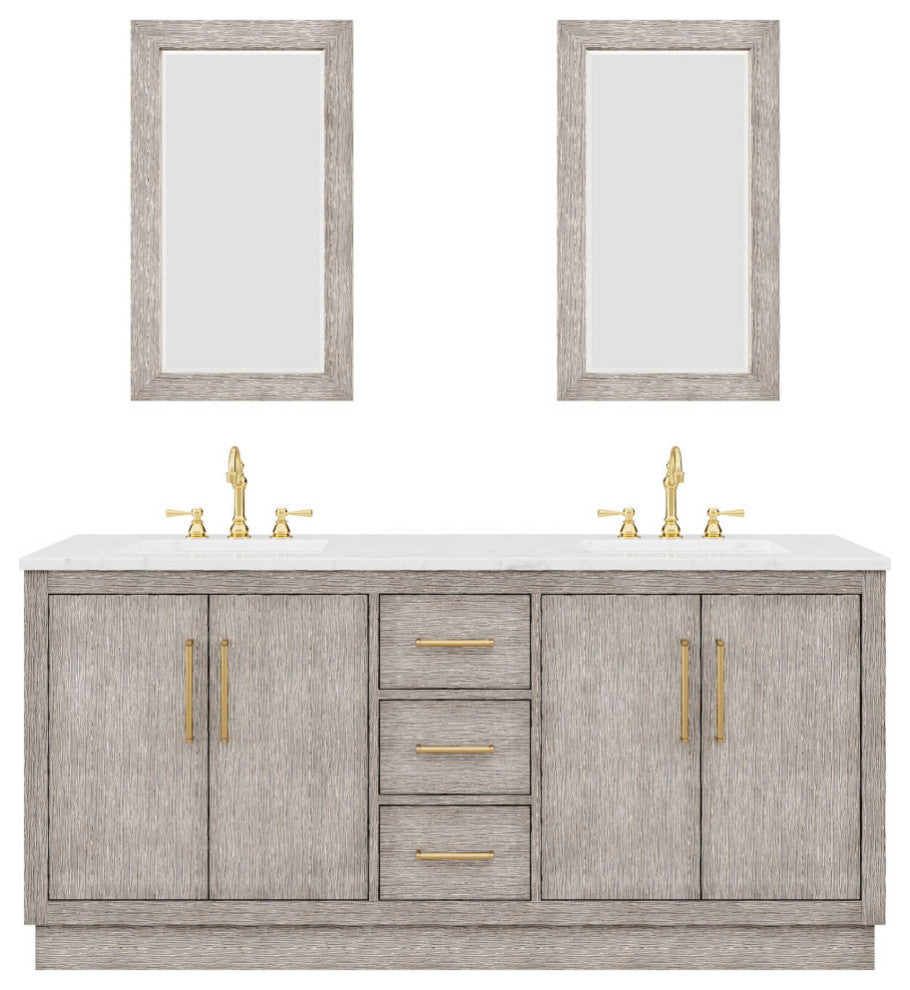 Hugo 72 Double Sink White Marble Countertop Vanity, Gray Oak With Mirrors