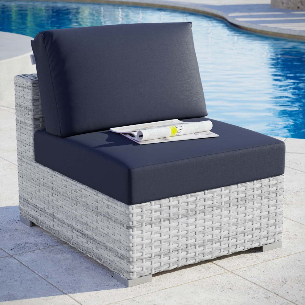 Lounge Chair, Rattan, Wicker, Gray Blue Navy, Modern, Outdoor Patio Cafe