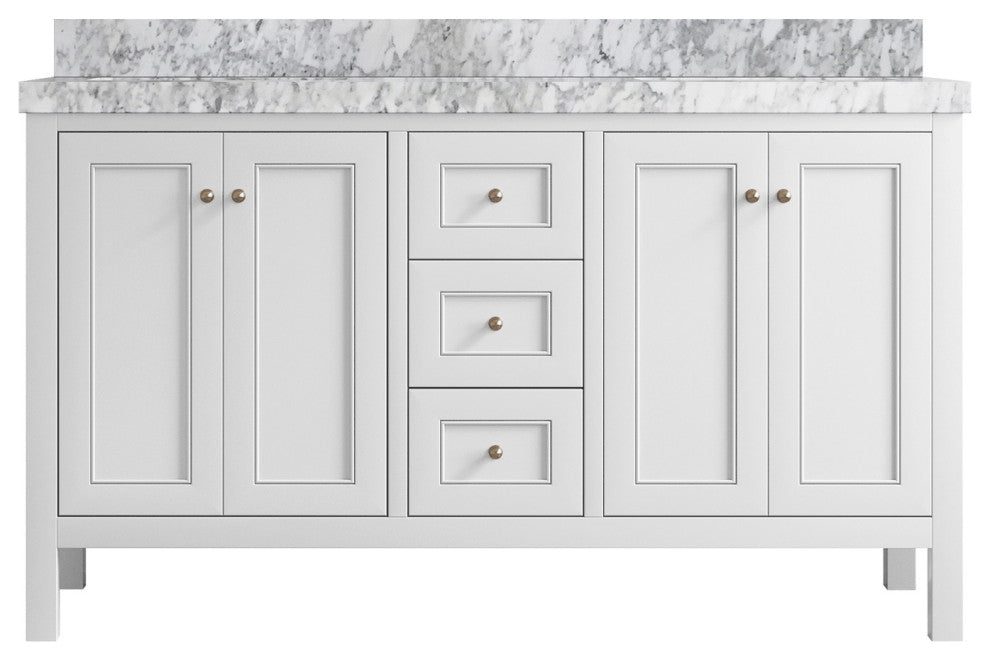 Nashville 60" Double Bathroom Vanity, White 2" Carrara Marble