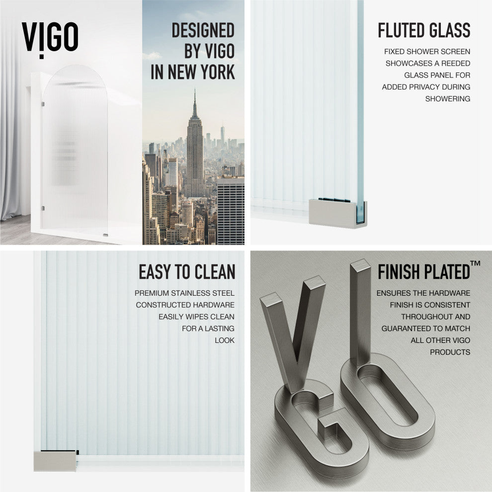 VIGO Arden 34" W x 78" H Frameless Fixed Shower Screen, Stainless Steel, Fluted Glass