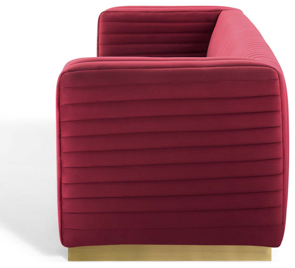 Tufted Sofa, Velvet, Red, Modern, Living Lounge Room Hotel Lobby Hospitality
