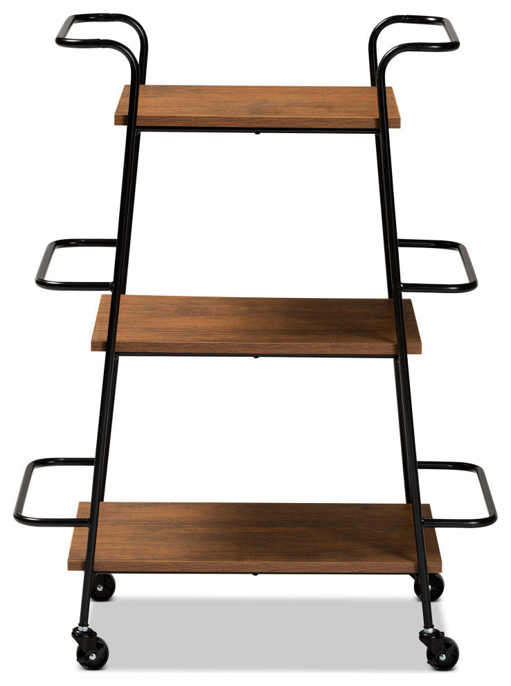 Endika Industrial Black and Walnut 3-Tier Small Mobile Wine Bar Cart