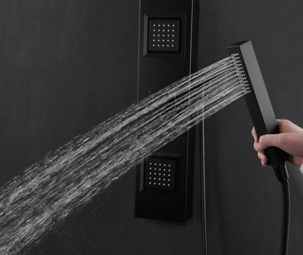 Aura 2-Jetted Shower Panel With Heavy Rain Shower and Spray Wand, Matte Black