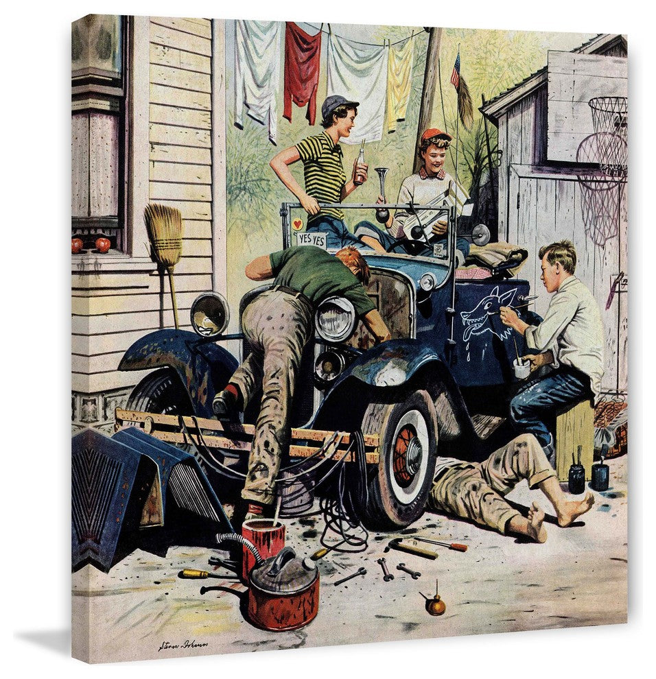 "Working on the Jalopy" Painting Print on Canvas by Stevan Dohanos