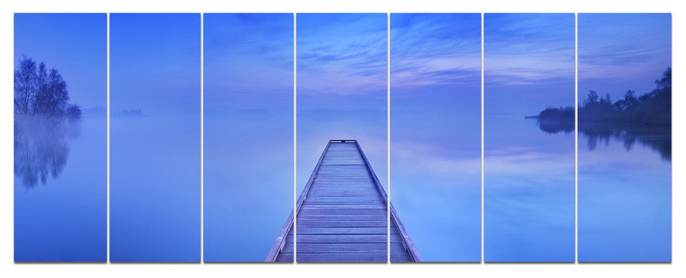 Jetty at Blue Dawn Panorama, Bridge Canvas Art Print, 83"x32", 7 Panels