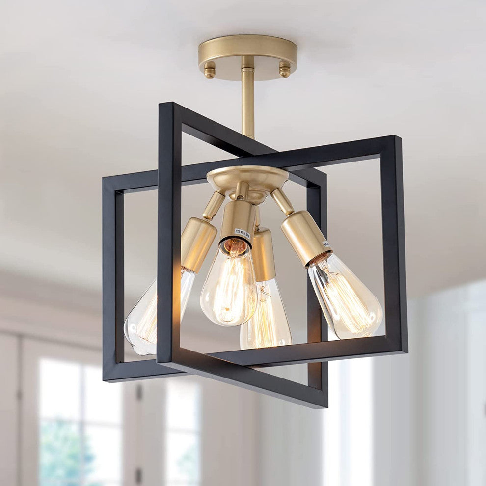 4 Light Industrial Ceiling Light Fixture Black and Gold Rectangle Flush Mount