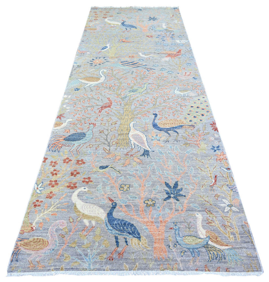 Berry Blue Birds Paradise Peshawar Wool Hand Knotted Wide Runner Rug 4'1"x11'10"