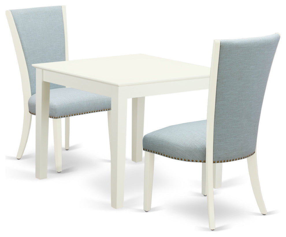A Dining Set Of 2 Indoor Chairs, Baby Blue Color, Square Table, Linen White