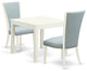 A Dining Set Of 2 Indoor Chairs, Baby Blue Color, Square Table, Linen White