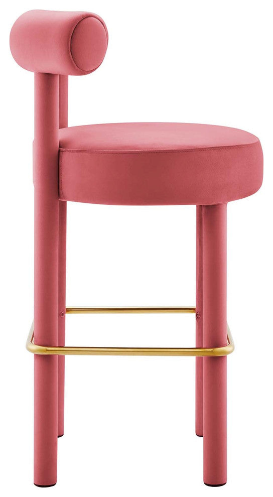 Toulouse Performance Velvet Bar Stool, Curved Round Bolster Kitchen Stool, Pink