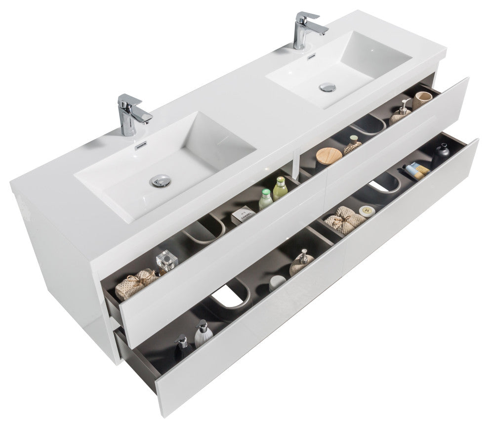 Alma-Pre 4 Drawers Wall Mount Vanity, Integrated White Sink, White, 84