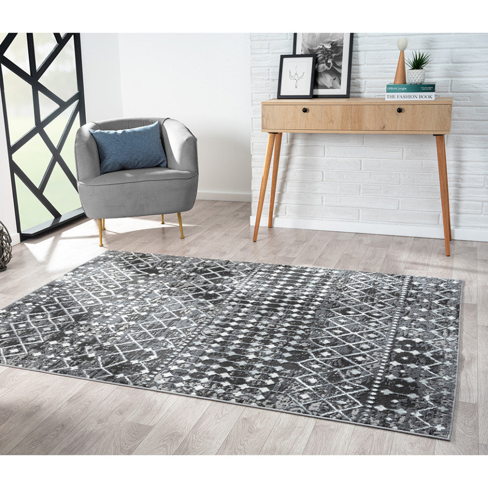 Hannah Moroccan Area Rug/Runner, Charcoal Grey, 3' x 8' Runner