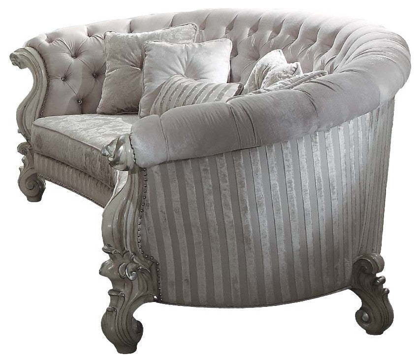 55" Ivory Velvet Curved Floral Sofa And Toss Pillows With Gray Legs