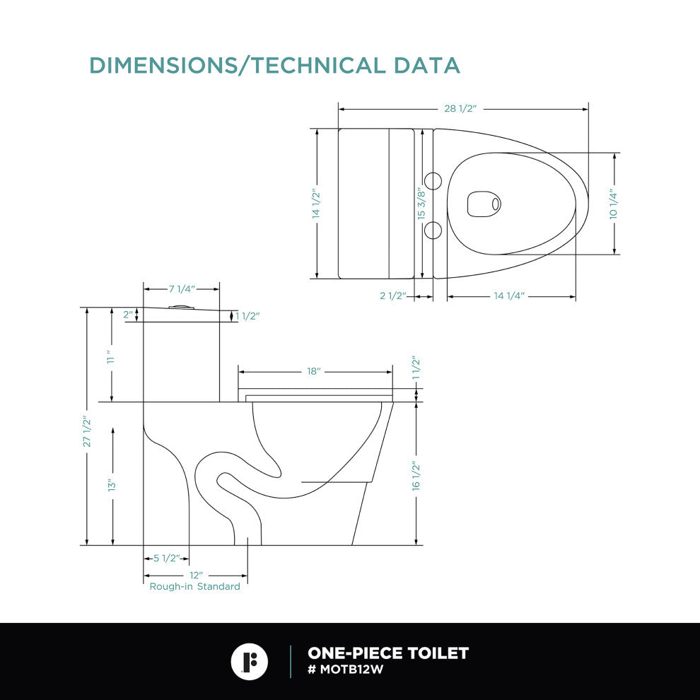 Fine Fixtures Modern Dual Flush Elongated One-Piece Toilet, Seat Included