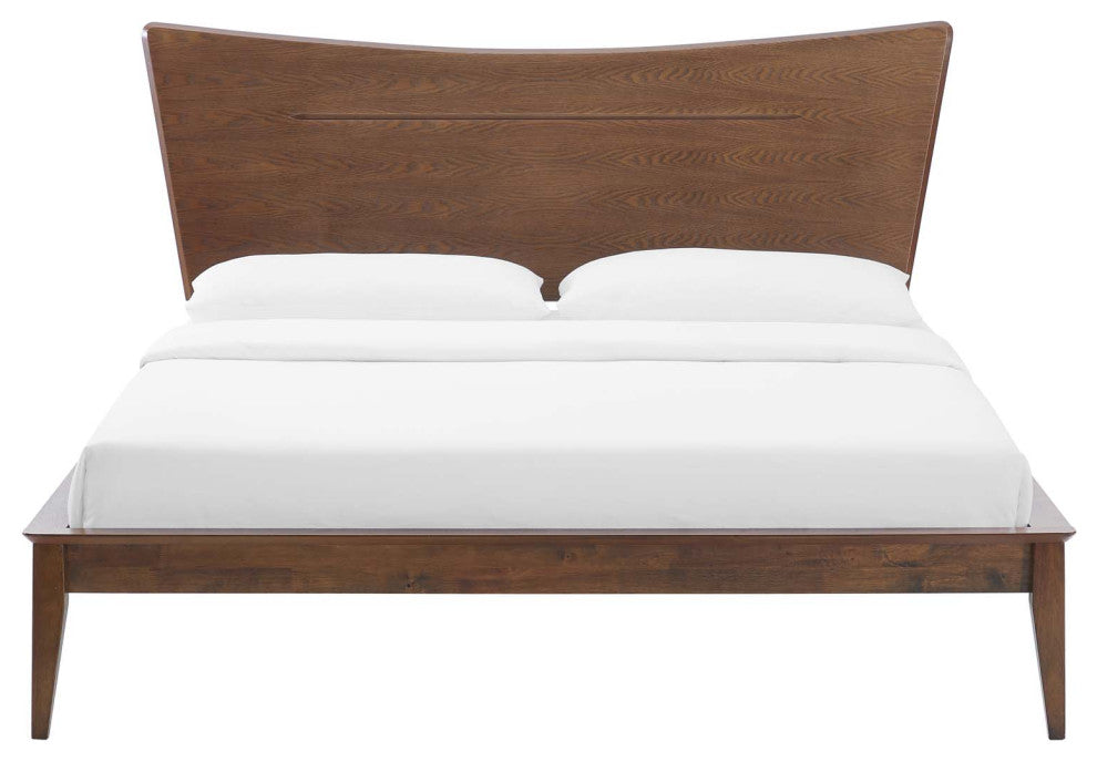 Platform Bed Frame, Full Size, Wood, Brown Walnut, Modern Mid-Century, Bedroom