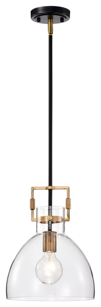1-Light Black and Antique Gold 10 in. Bowl Glass Pendant