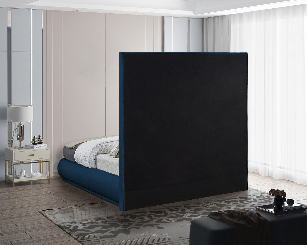 Brooke Linen Textured Fabric Upholstered Bed, Navy, Queen