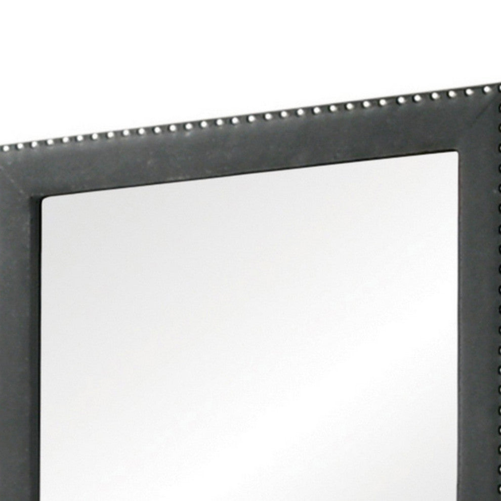 Benzara BM280340 Modern Portrait Mirror, Velvet Upholstery, Nailhead Trim, Gray