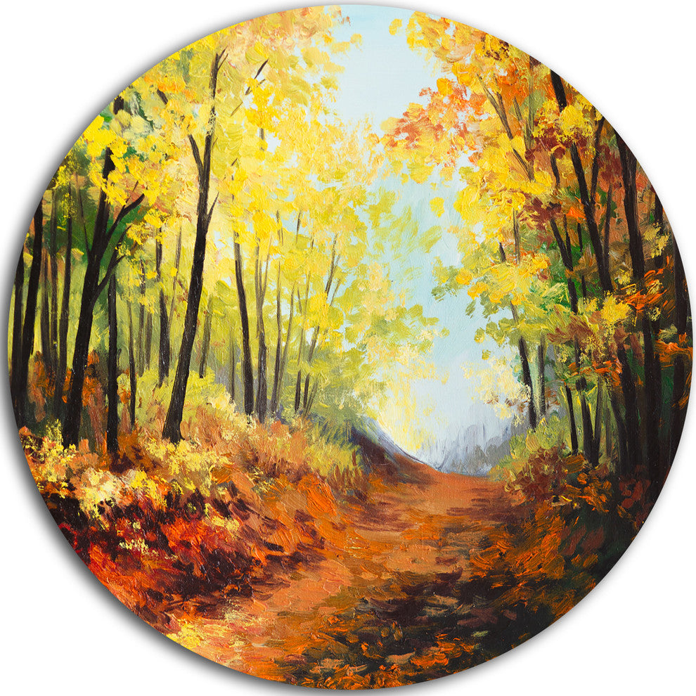 Autumn Forest Pathway, Landscape Disc Metal Wall Art, 38"