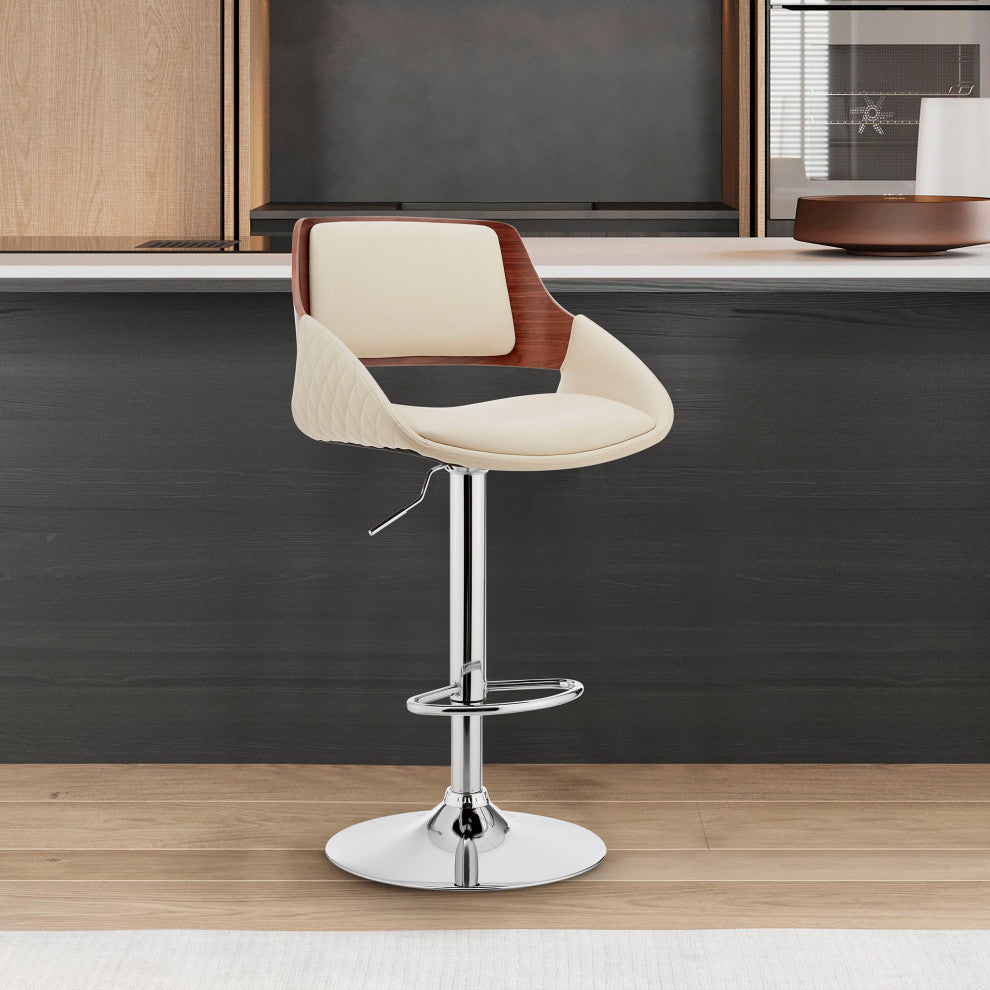Colby Adjustable Faux Leather and Metal Bar Stool, Cream and Chrome