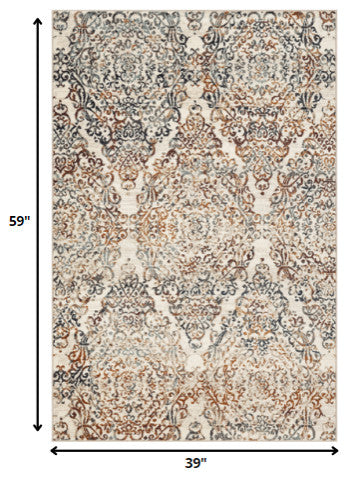 3"x5" Ivory Brown Decorative Diamond Area Rug