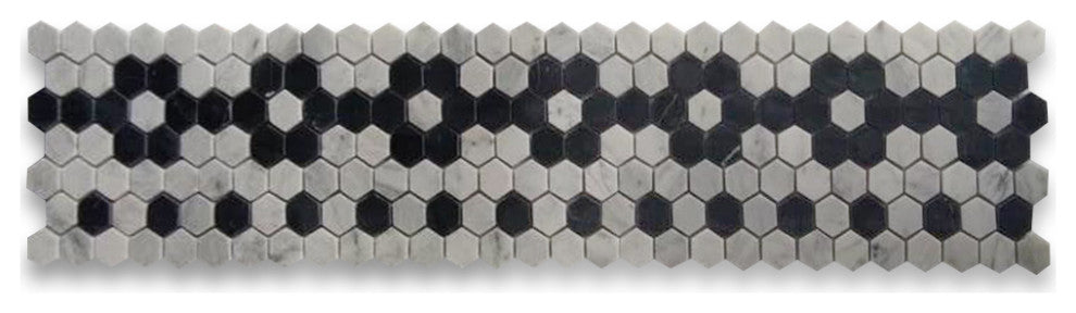 Carrara White Marble Hexagon Mosaic Border Flower Tile Polished 1", 1 sheet