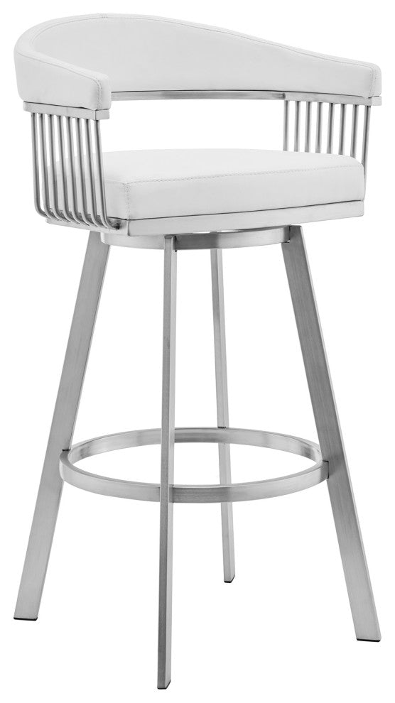 Bronson 30" White Faux Leather and Brushed Stainless Steel Swivel Bar Stool