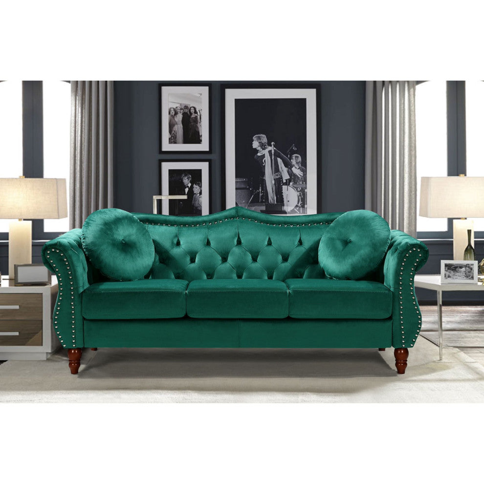Classic Sofa, Velvet Seat With Button Tufted Back & Nailhead Trim Accent, Green