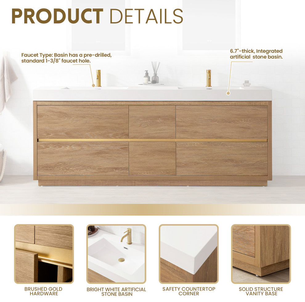 Huesca Bath Vanity, Integrated Sink Top, North American Oak, 84", Without Mirror