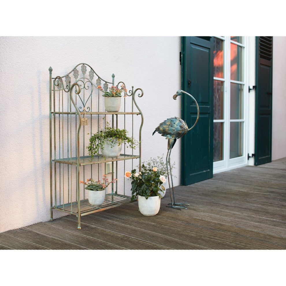 41" Folding Metal Shelf, Baker's Rack With Scrolling Heart and Peacock Tail Mot