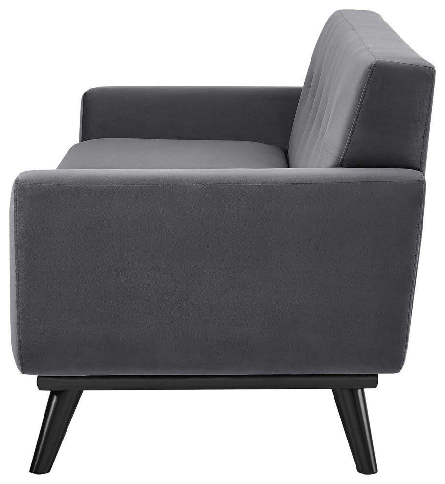 Loveseat Sofa, Gray, Velvet, Modern, Mid Century Hotel Lounge Cafe Lobby