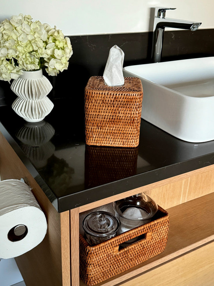 La Jolla Rattan Square Tissue Box Cover, Honey-Brown