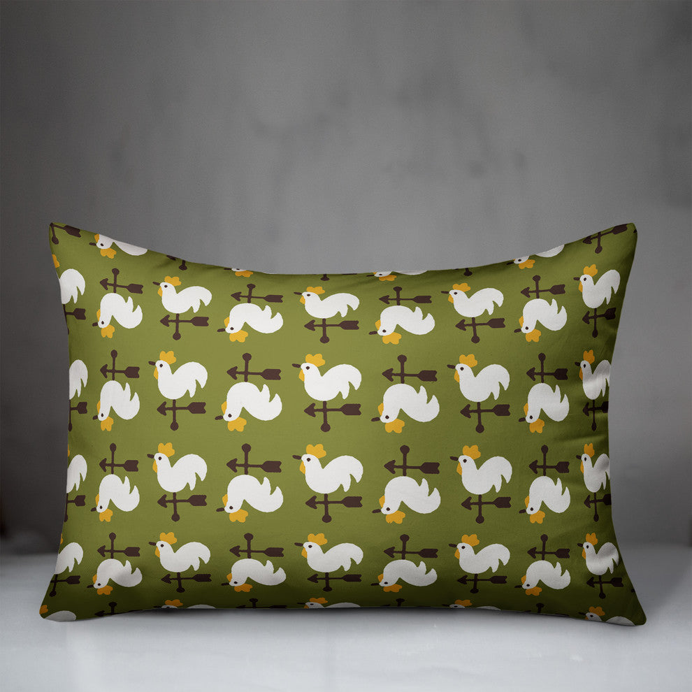 Green Rooster Pattern Throw Pillow