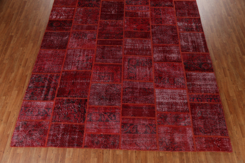 Vintage Red Patchwork Turkish Area Rug Hand-tufted Wool Carpet 10x14