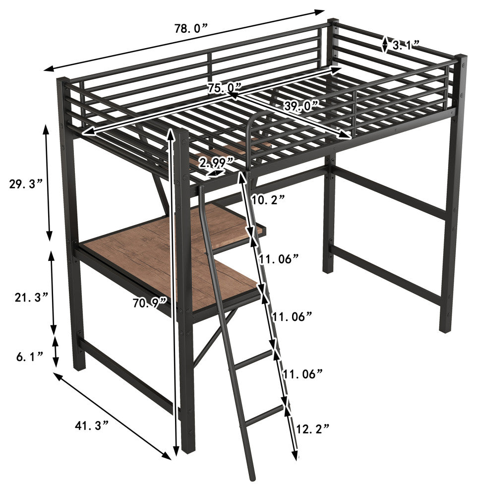 Gewnee Twin Size Loft Metal&MDF Bed with Desk and Shelf in Black