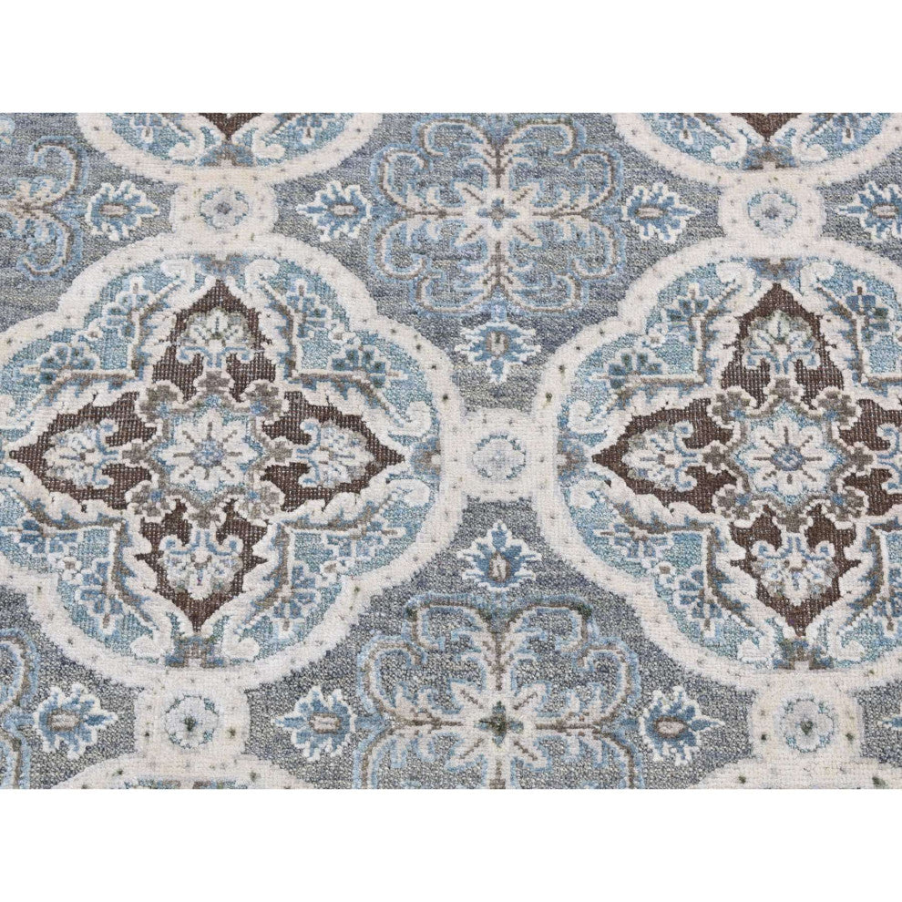 Gray Mughal Inspired Rosette Silk With Wool Hand Knotted Runner Rug 2'7"x9'10"