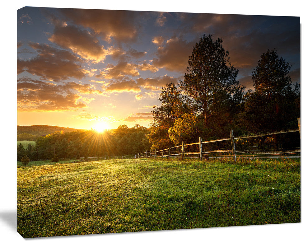Fenced Ranch at Sunrise, Landscape Canvas Art Print, 20"x12"