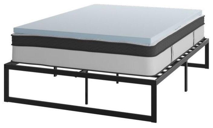 14" Metal Platform Bed Frame, 12" Pocket Spring Mattress & Memory Foam Topper, Black, King