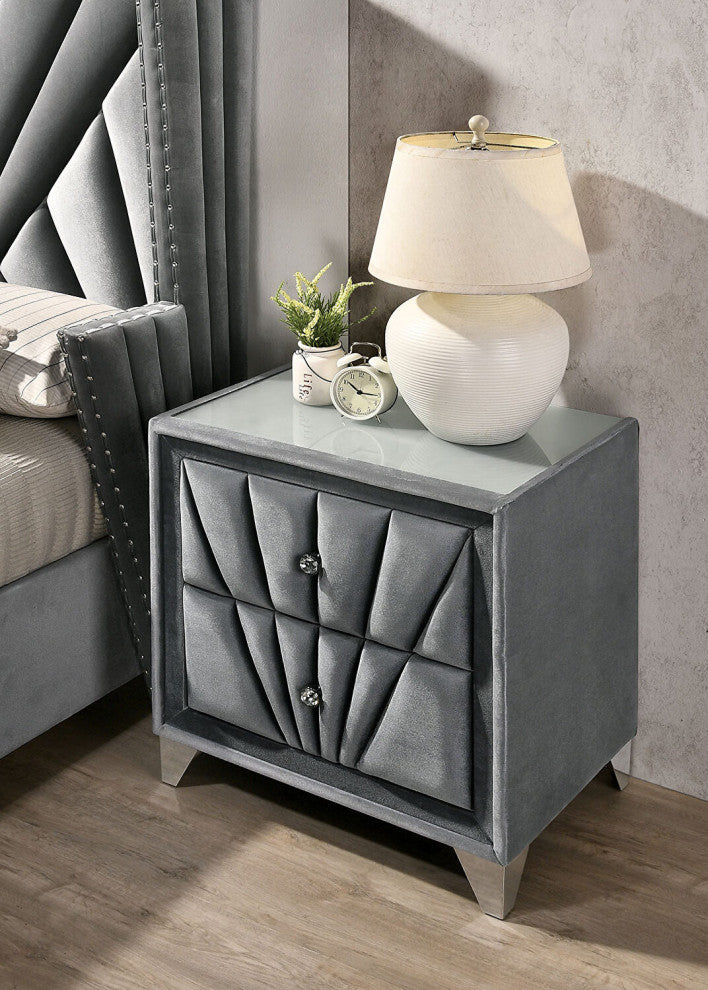 Fabric and Wood Nightstand with 2 Drawers, Gray