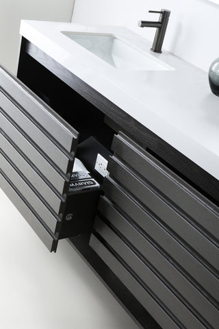 Matera Wall Mount Modern Bathroom Vanity, Charcoal, 60", White Countertop