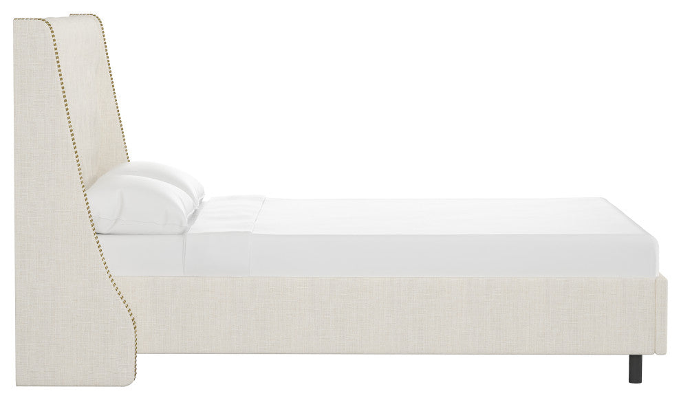 Williams California King Nail Button Diamond Wingback Platform Bed, Linen Talc