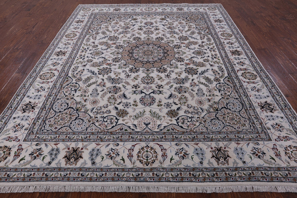 8' 1" X 10' 1" Wool and Silk Hand Knotted Persian Nain Rug Q8520