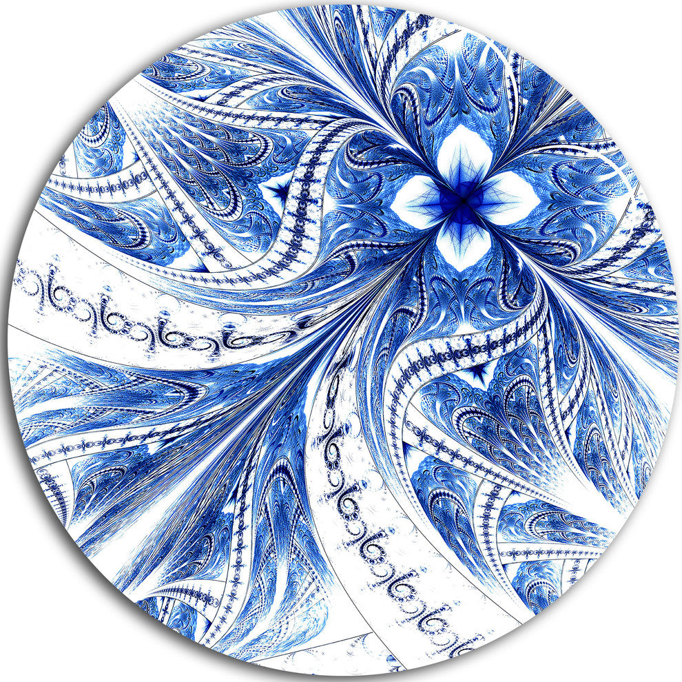 Light Blue Fractal Flower Pattern Digital, Floral Round Wall Art, 36"
