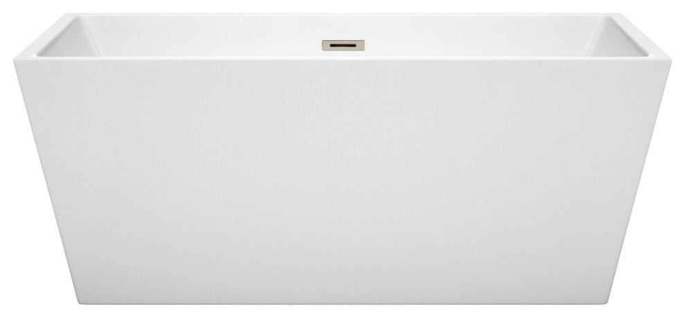 Sara 59" Freestanding White Bathtub, Brushed Nickel Drain and Overflow Trim