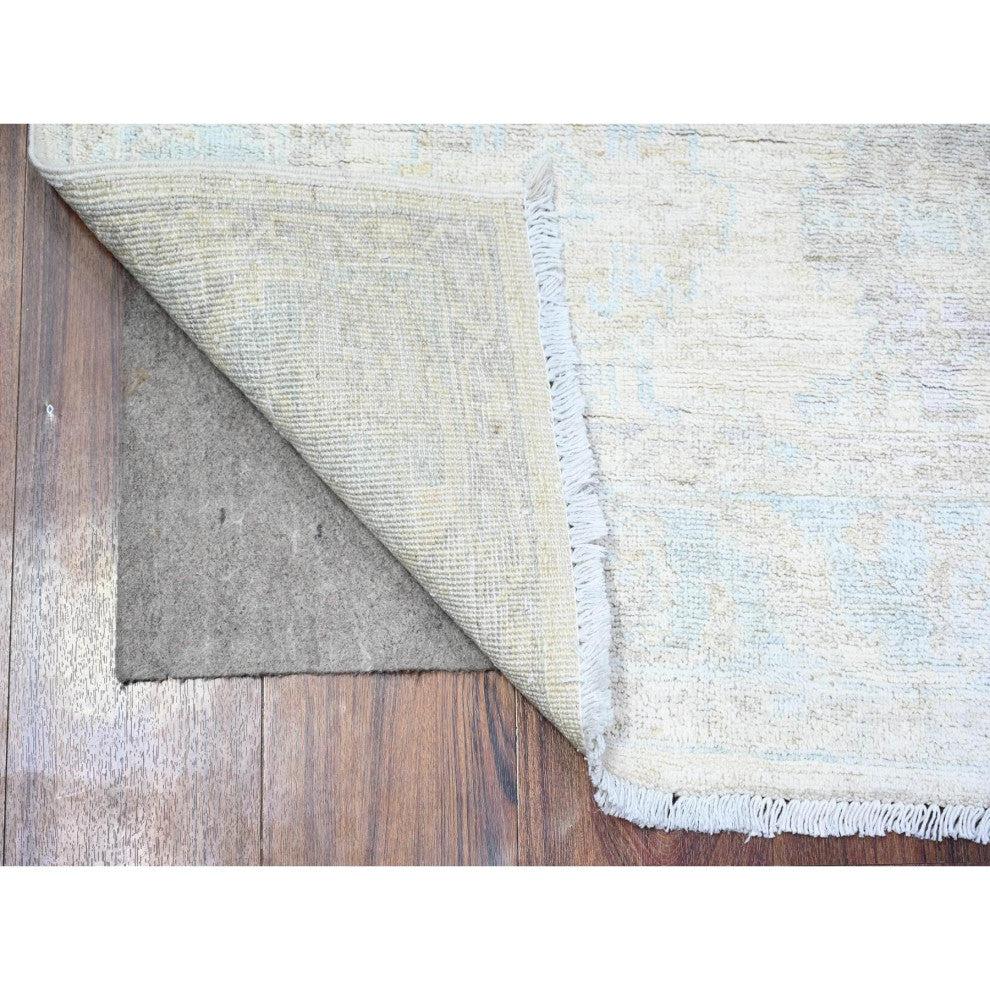 Lace Ivory Stone Washed Peshawar Faded Out Wool Hand Knotted Rug, 3'10"x5'8"
