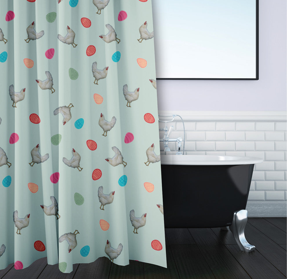 70"Wx73"L Chickens and Eggs Shower Curtain, Breezeway Green