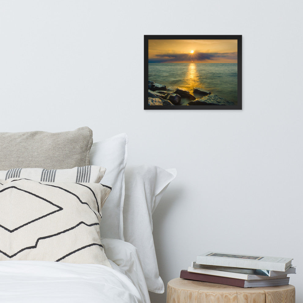 Sun Ray on the Water Coastal Landscape Framed Photo Paper Wall Art Print, Black, 12" X 16"