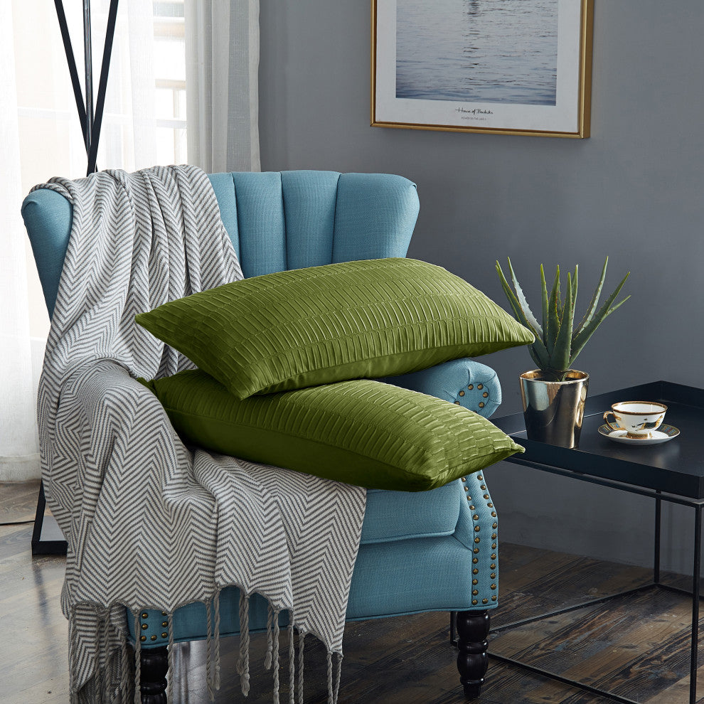 Pleated Velvet Pillow Covers, Set of 2, Avocado, 14"x26"